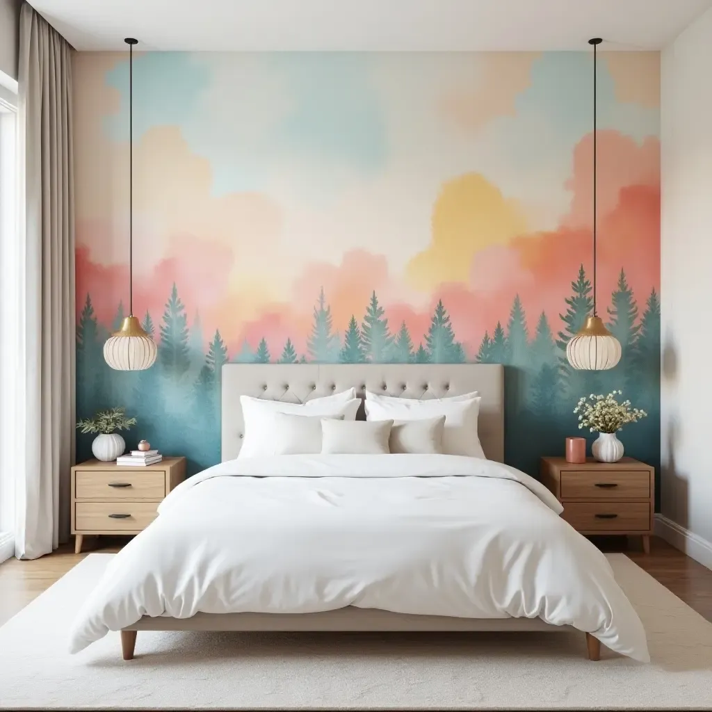 a photo of a dreamy watercolor mural in a guest room