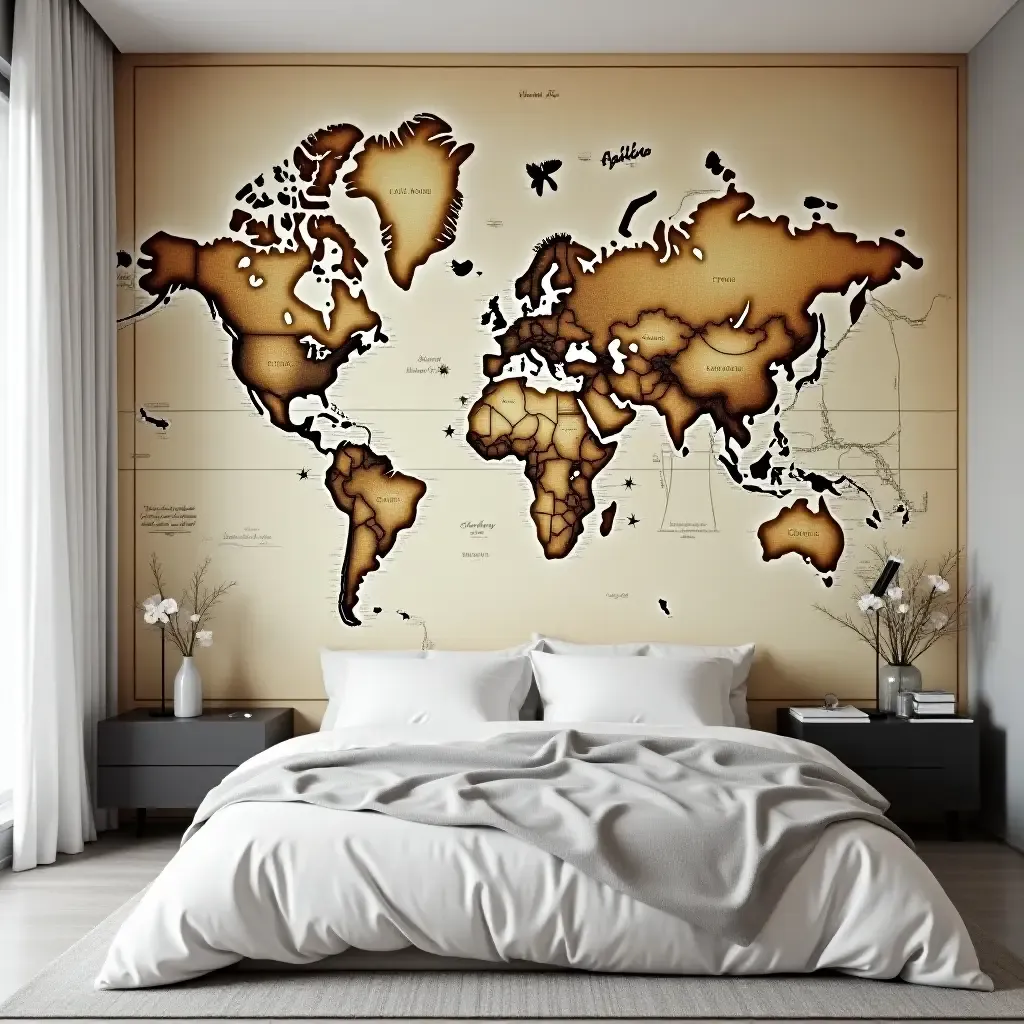 a photo of a vintage map mural on a bedroom wall