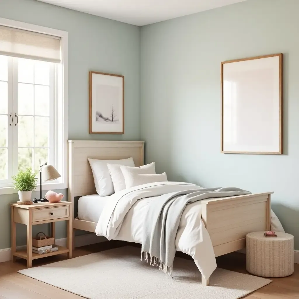 a photo of a serene teen bedroom with pastel colors and farmhouse decor elements