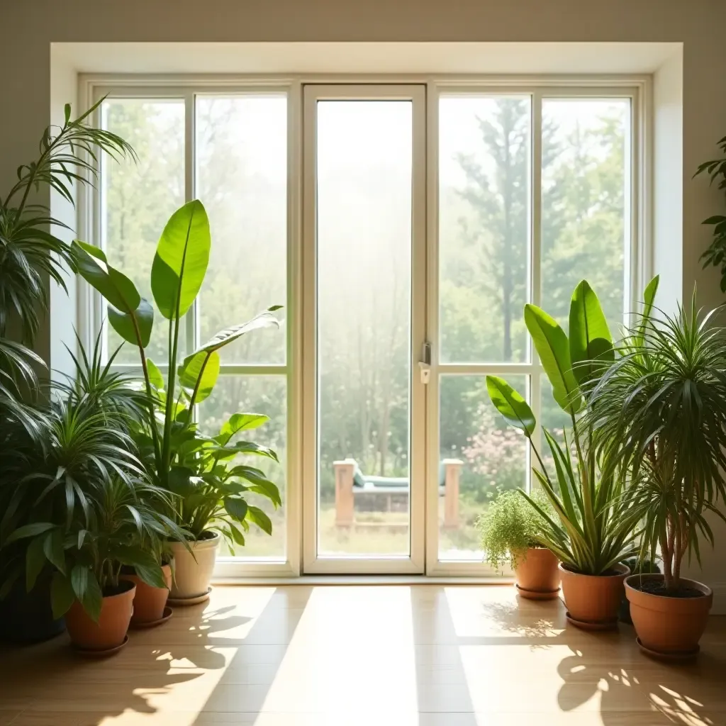 a photo of a sunlit room with a large window and plants