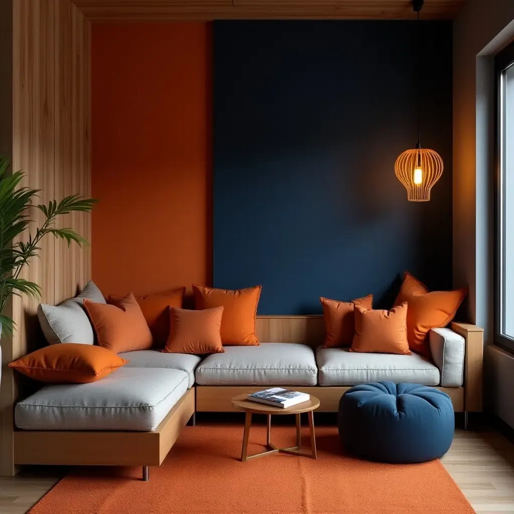 a photo of a cozy reading nook in orange and navy hues