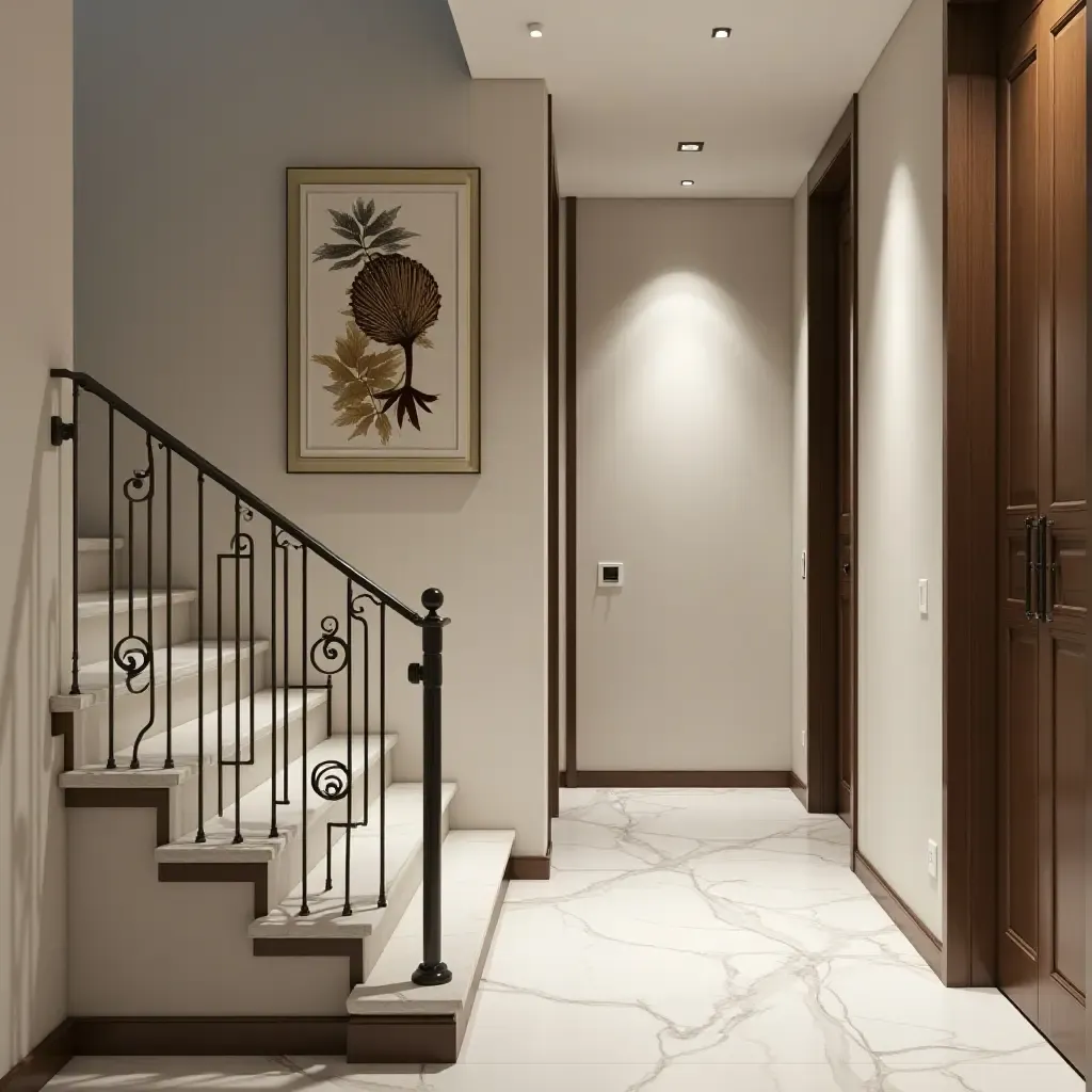 a photo of a corridor with metallic stair railings and sophisticated wall art