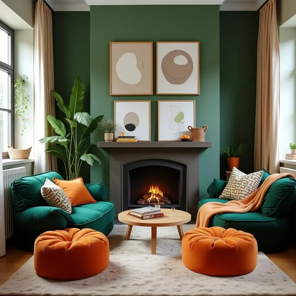 a photo of a playful living room with dark green bean bags and burnt orange poufs