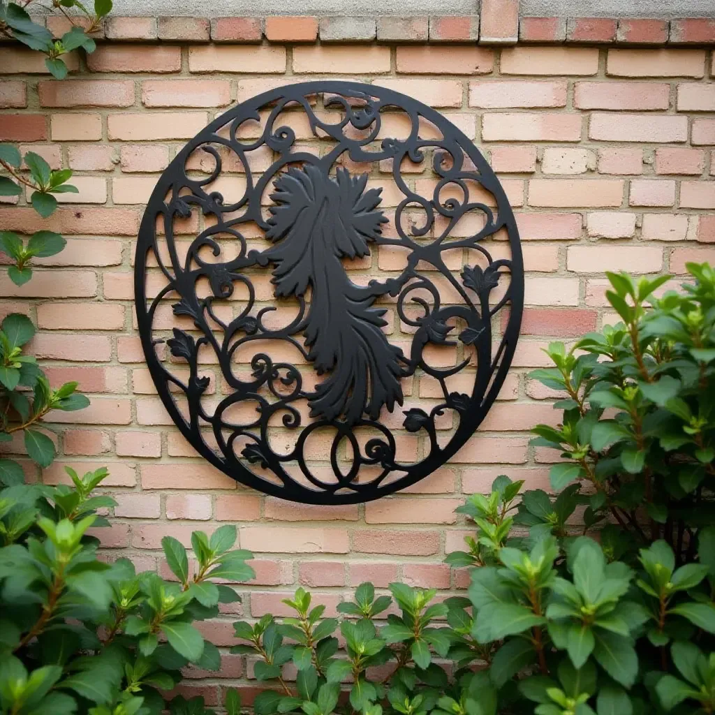 a photo of a decorative metal wall art in a garden