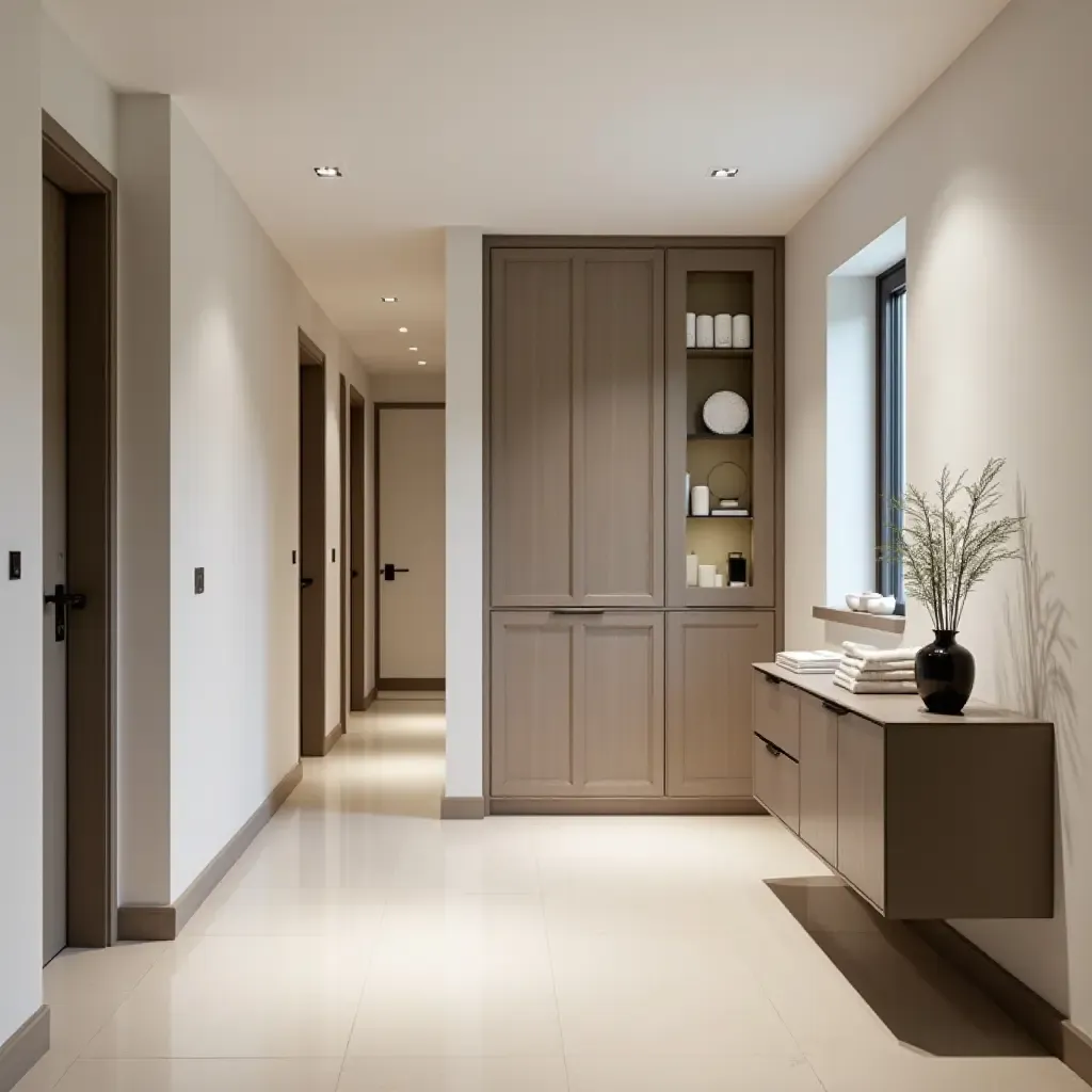 a photo of a contemporary hallway with a sleek cabinet and decorative items