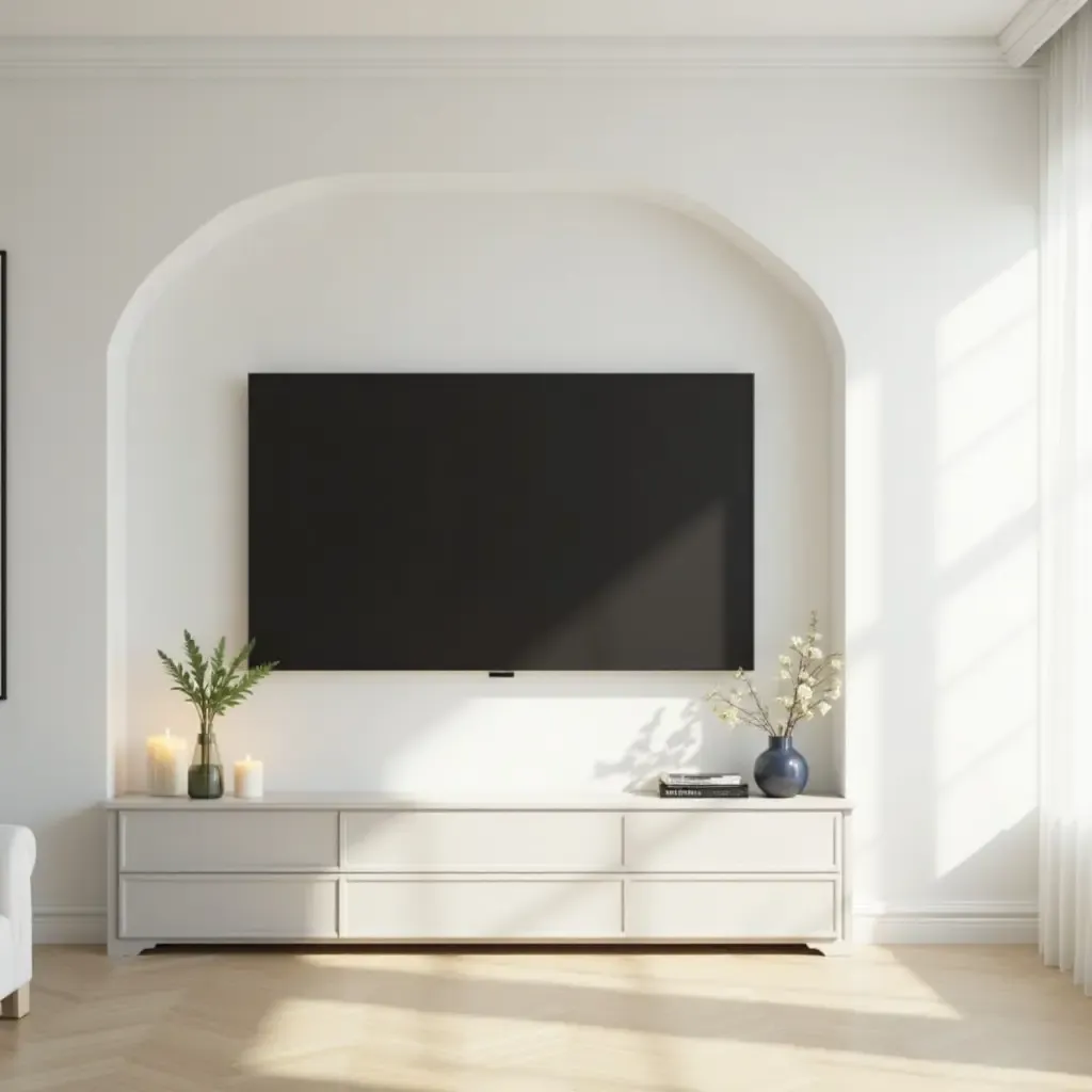 a photo of a bright and airy room with a TV framed by a decorative mantel and candles