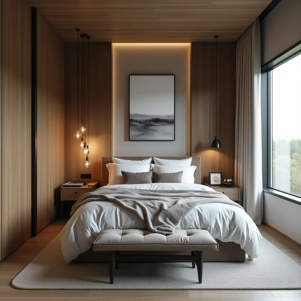 a photo of a stylish small bedroom with a combination of sleek lines and rustic charm