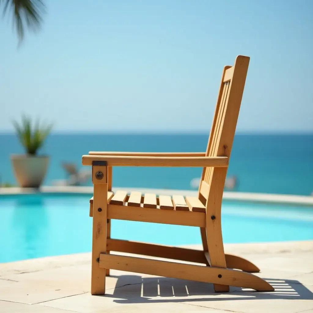 a photo of a vintage wooden lifeguard chair overlooking the pool