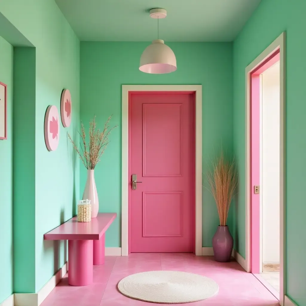 a photo of a fun mint green and hot pink entrance hall with playful accents