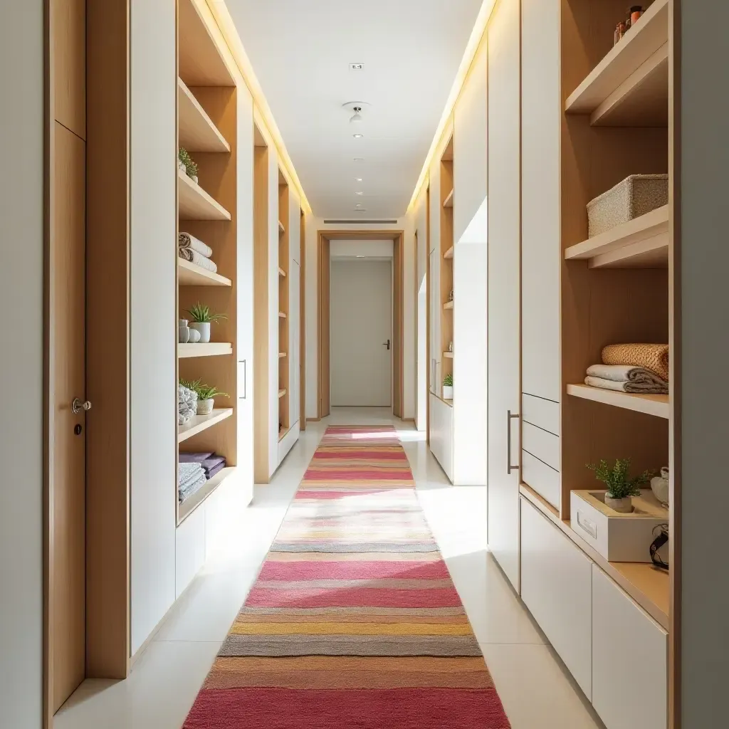 a photo of a bright corridor with a colorful rug and organized shelves