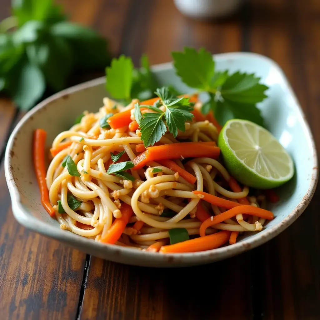 a photo of colorful Thai vegetarian pad thai with fresh herbs and lime on a wooden table.