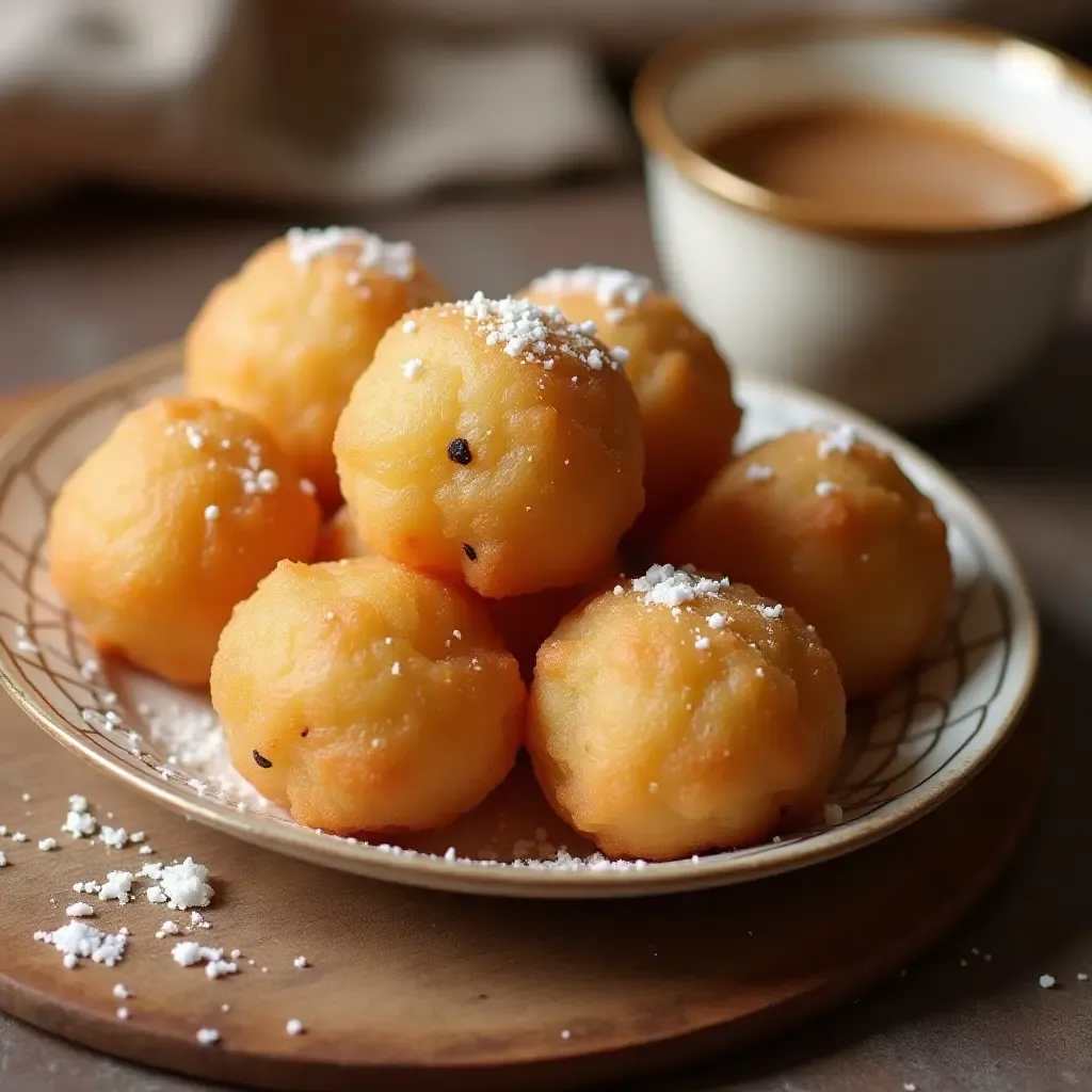 a photo of sweet and chewy ladoos, arranged next to a cup of chai.