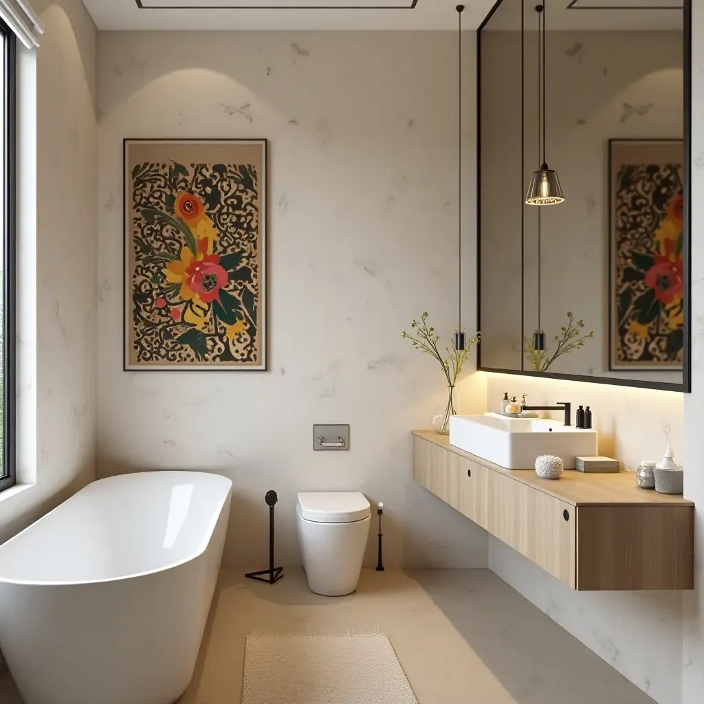 a photo of a bathroom featuring a unique art installation and modern decor