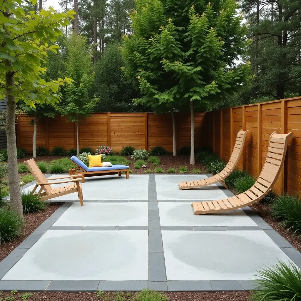 a photo of a concrete patio with a playful outdoor game area for family fun