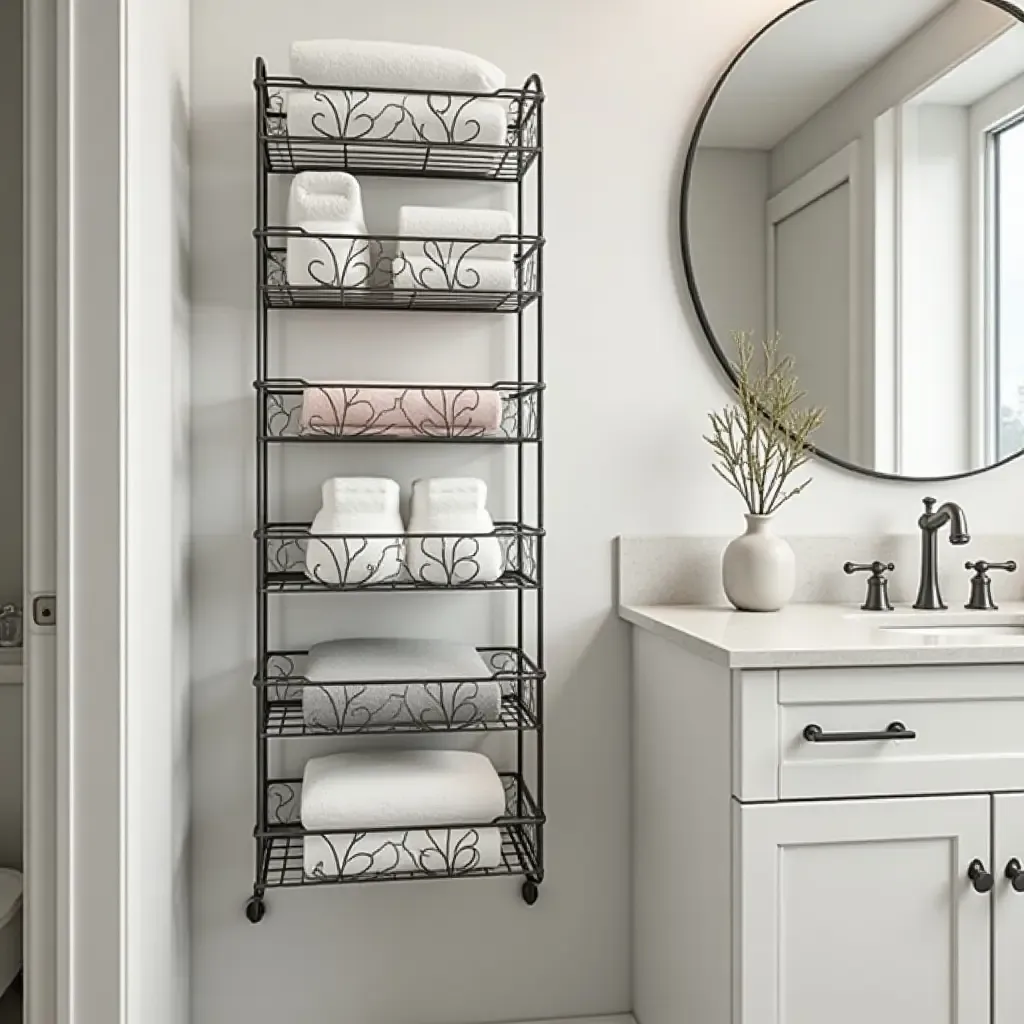 a photo of a bathroom with a metal grid for organization