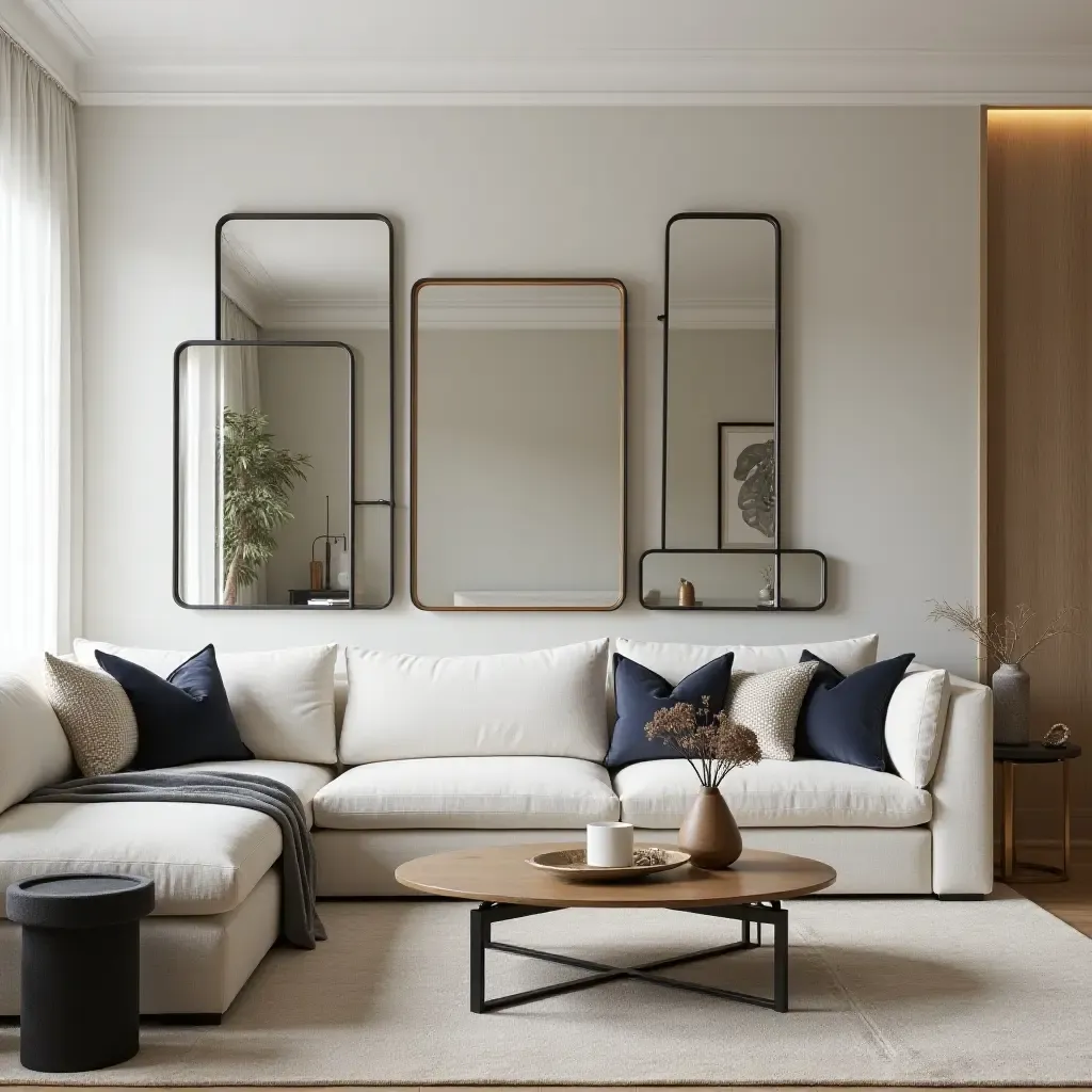 a photo of a stylish living room with layered mirrors creating visual interest