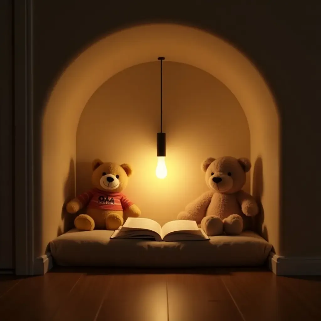 a photo of a cozy nook with a reading light and stuffed animals