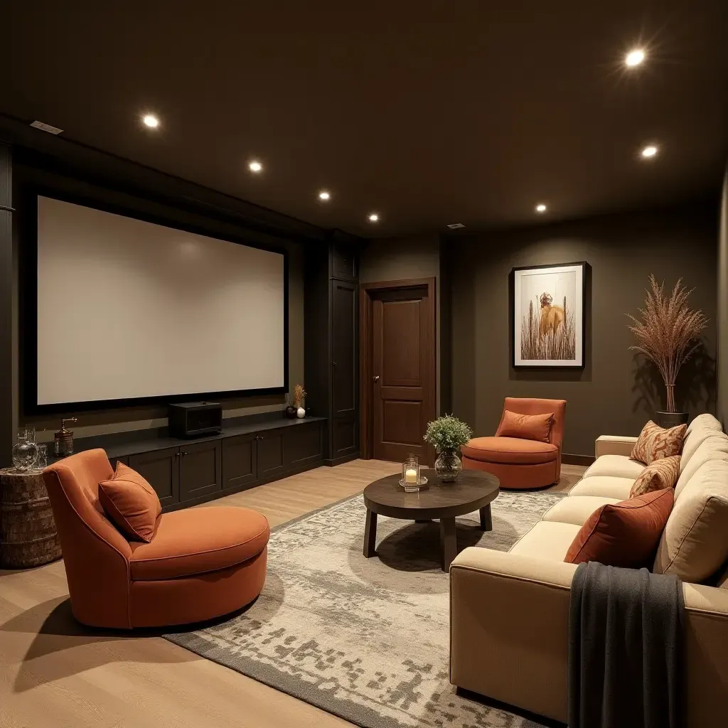 a photo of a basement home theater with farmhouse-inspired design elements