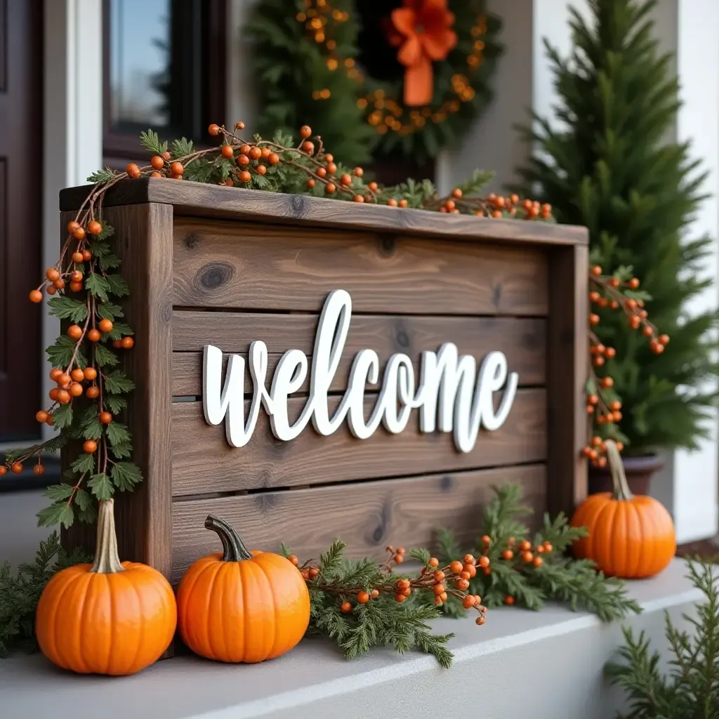 a photo of a wooden welcome sign with seasonal decorations