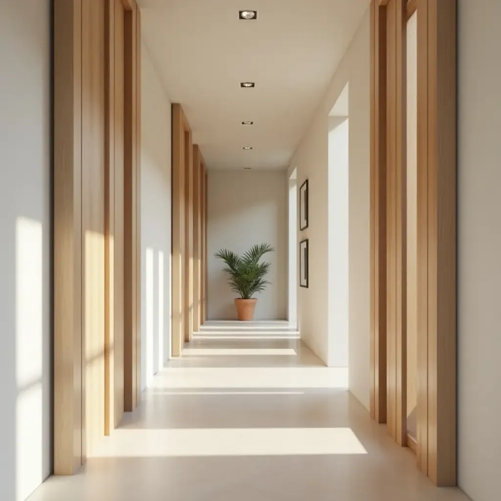 a photo of a serene hallway adorned with neutral tones and natural wood accents