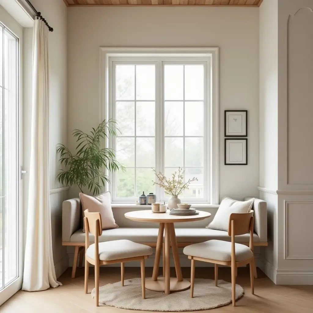 a photo of a cozy breakfast nook with a soft color palette and natural materials