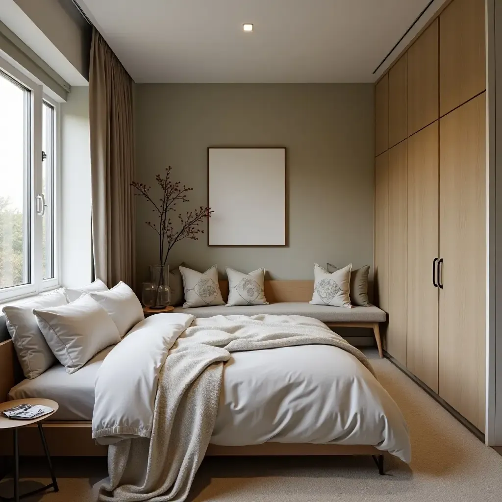 a photo of a shared bedroom featuring a cozy nook for relaxation and reading