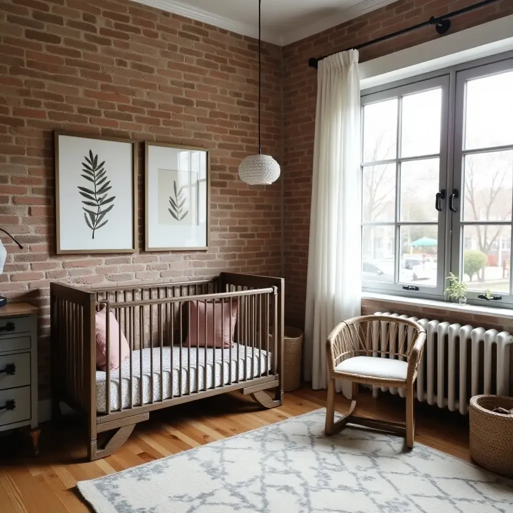 a photo of a nursery with exposed brick walls and vintage metal furniture