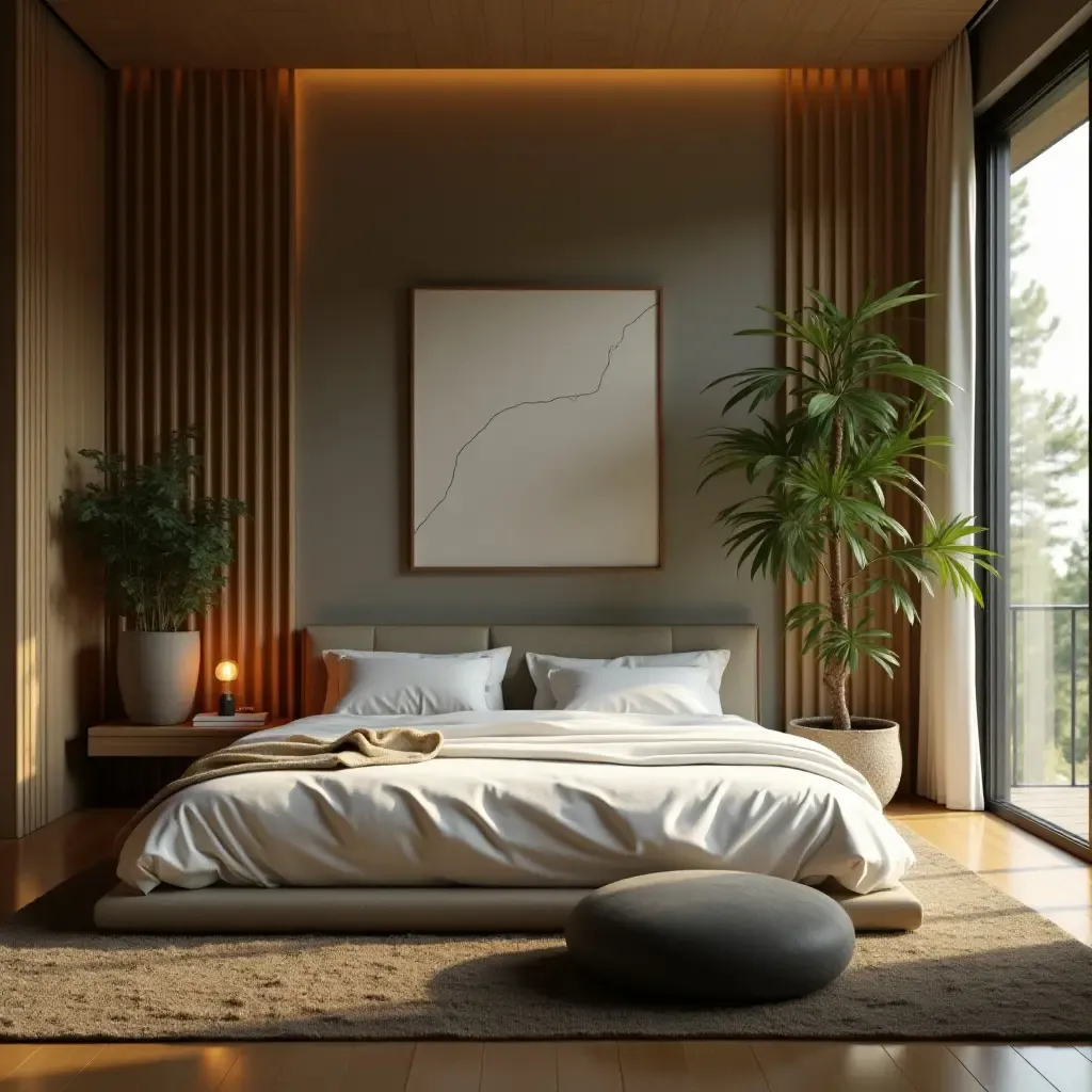 a photo of a peaceful bedroom with a zen garden setup