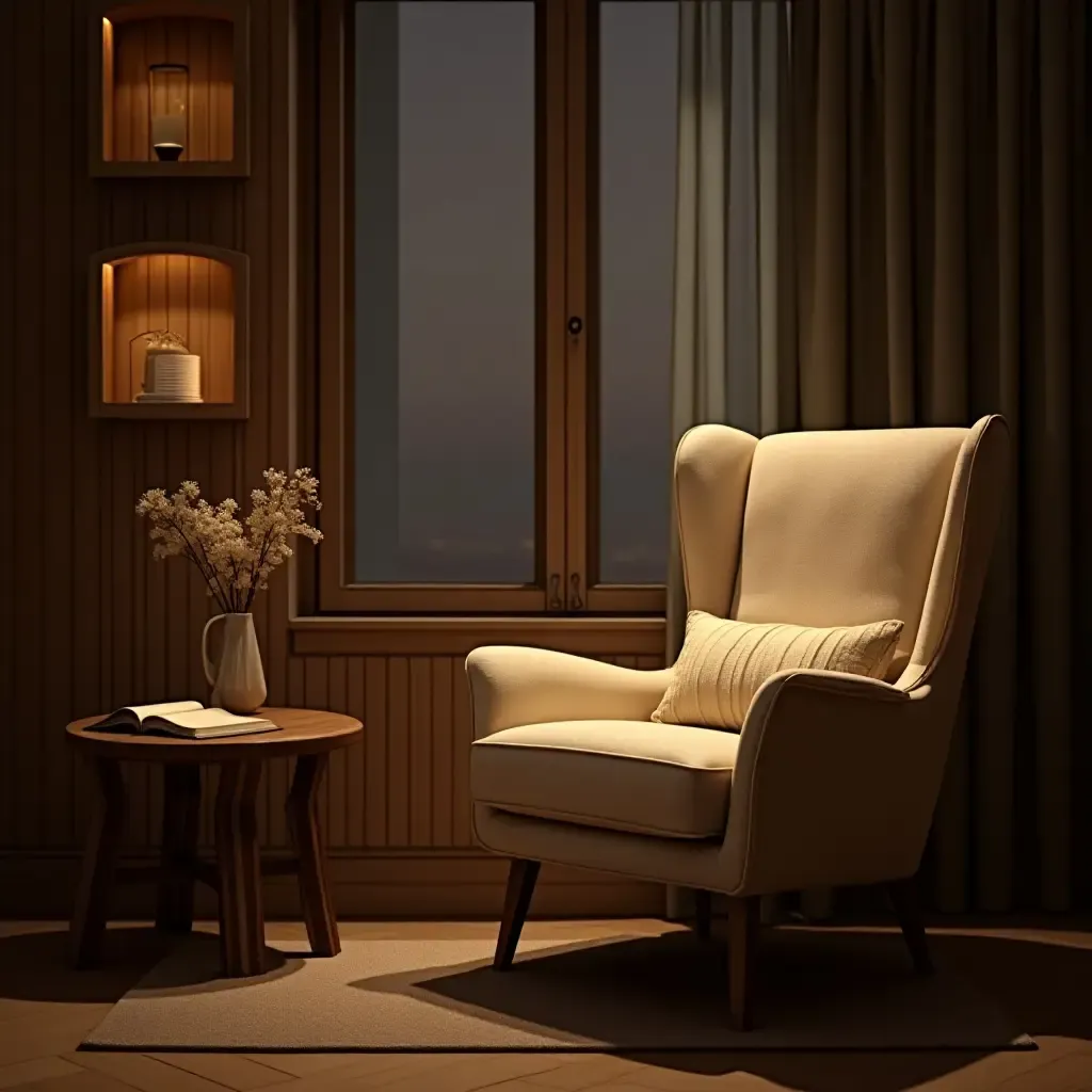 a photo of a cozy reading nook with a plush armchair and soft lighting