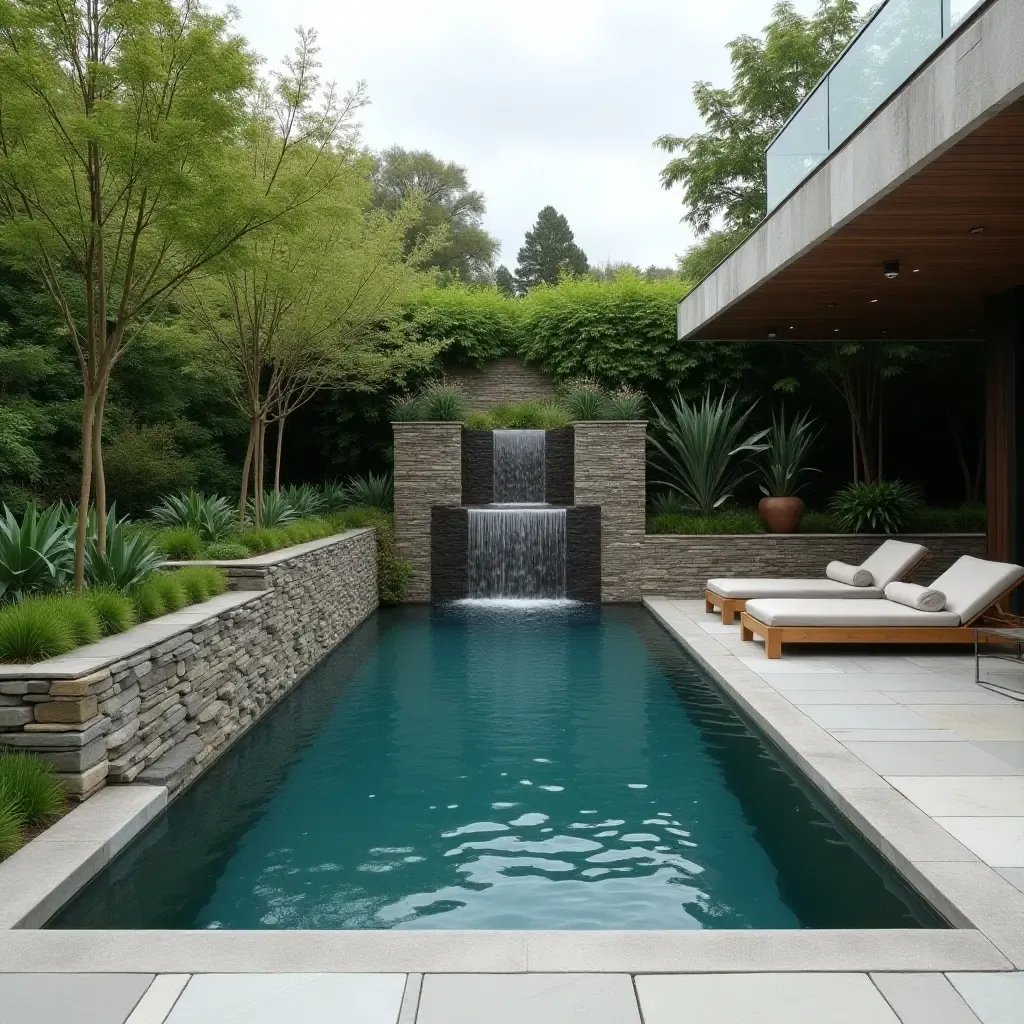 a photo of a minimalist pool with a natural stone waterfall and greenery