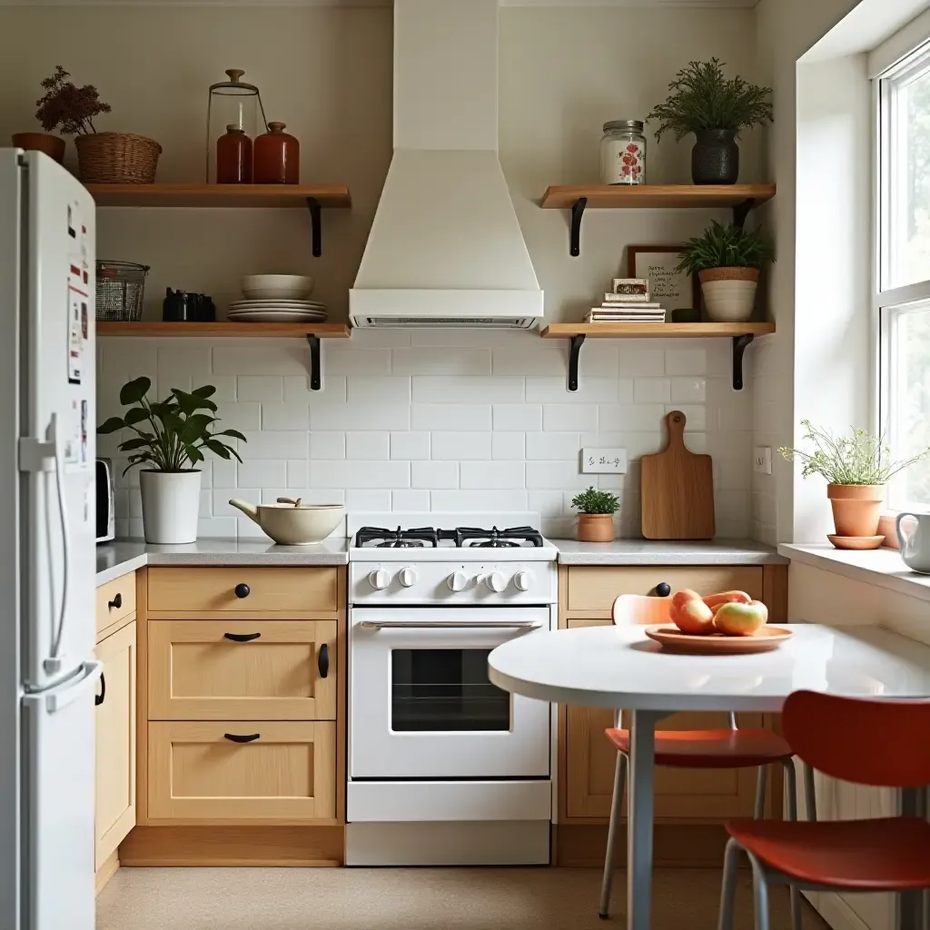 a photo of a cozy small kitchen featuring open shelving and colorful accents