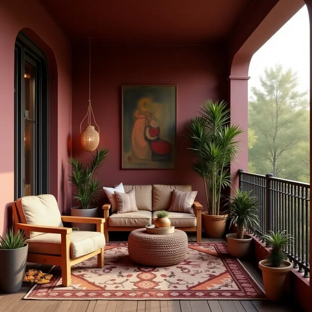 a photo of a bohemian balcony with rich maroon and earthy tones