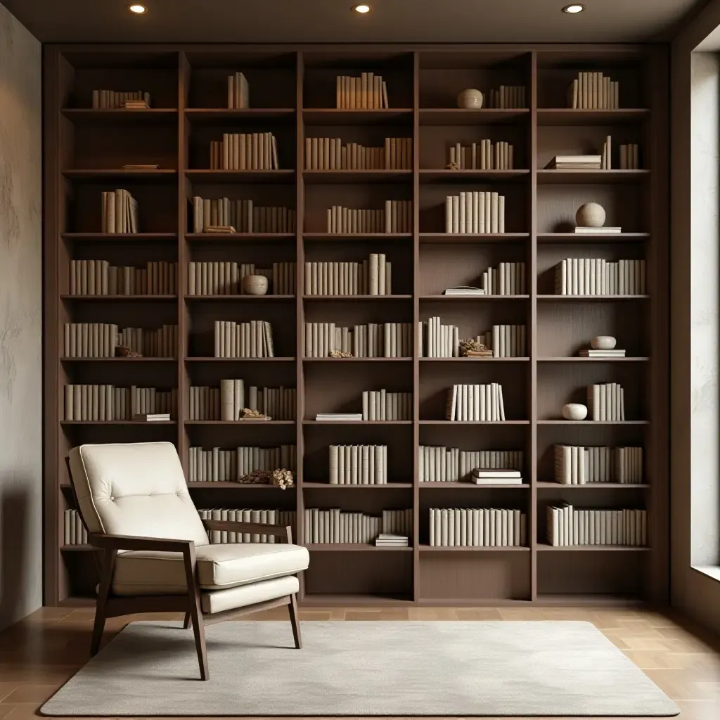 a photo of a library with wall-mounted shelves and a reading chair