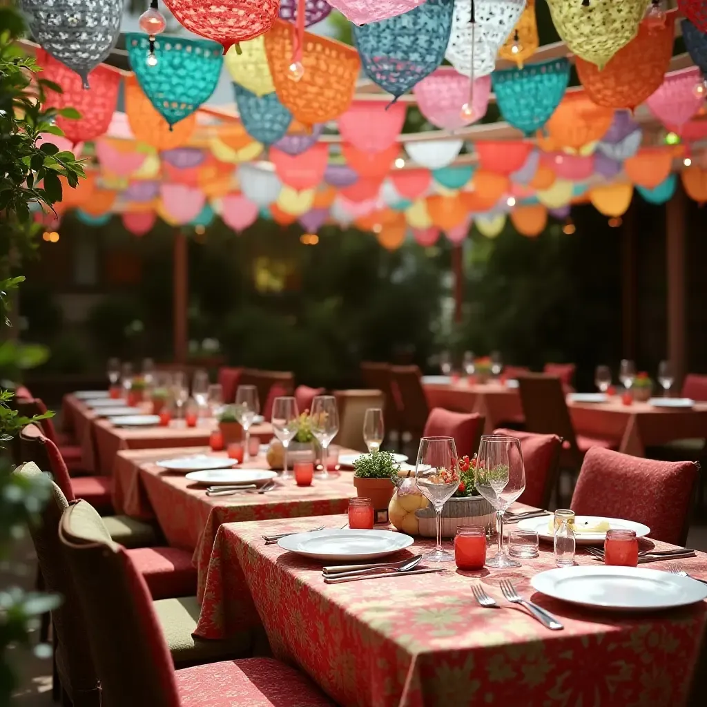 a photo of a cozy outdoor dining area adorned with papel picado and bright table settings