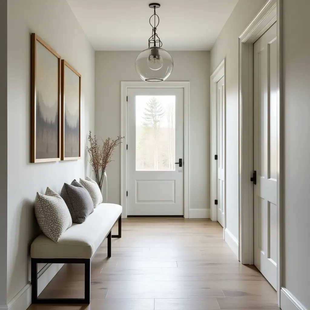 a photo of an elegant entryway featuring a long, narrow bench with cushions