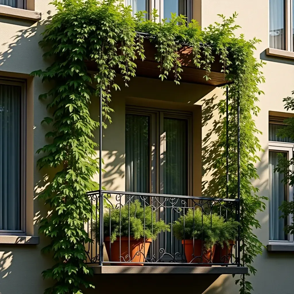 a photo of a balcony with a trellis supporting climbing plants