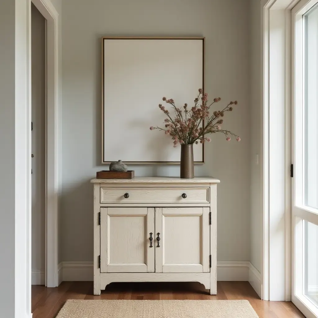 a photo of a distressed wooden cabinet in a stylish hallway