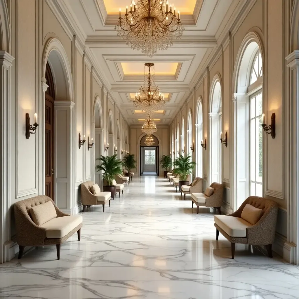 a photo of a grand marble hallway with ornate chandeliers and plush seating