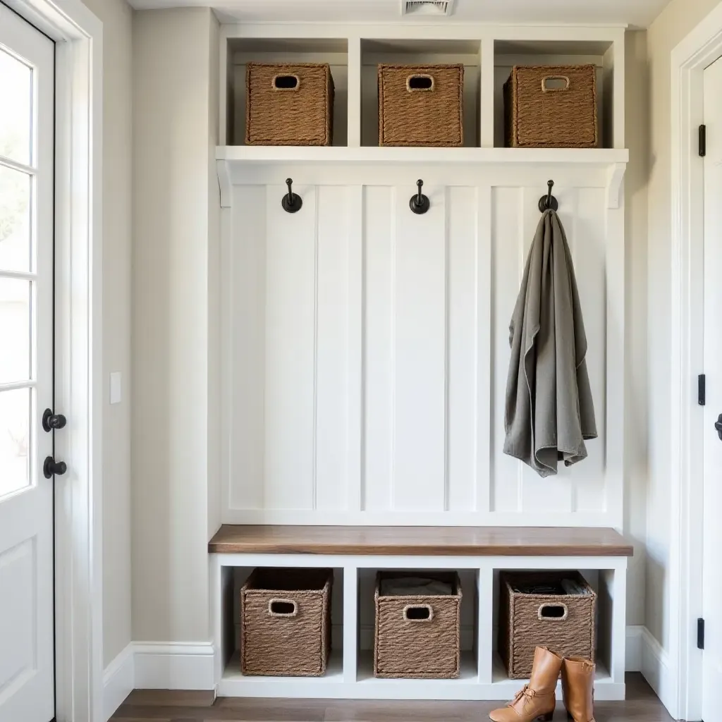 a photo of a stylish mudroom with woven baskets and farmhouse hooks