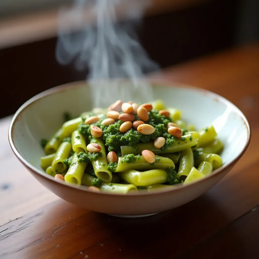 a photo of a steaming bowl of Trofie al Pesto, with vibrant green pesto and pine nuts on a wooden table.