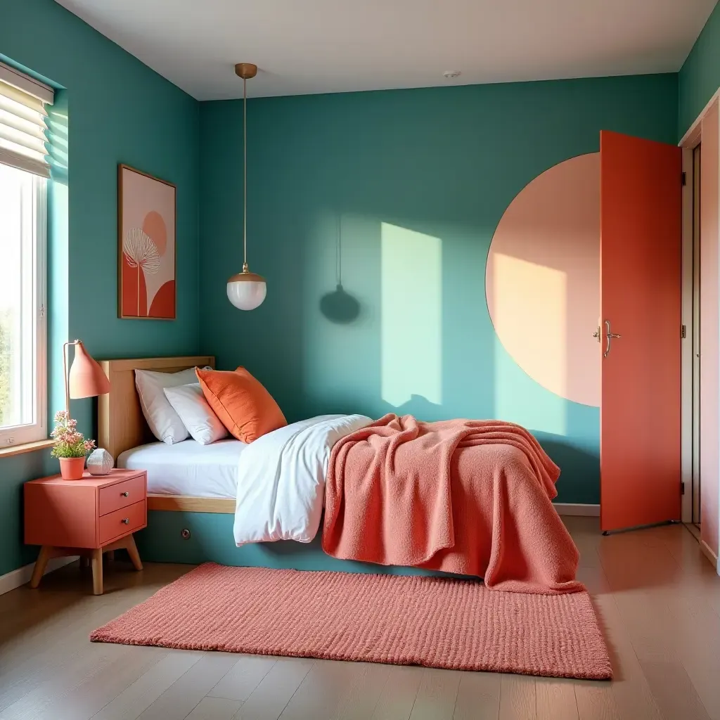 a photo of a vibrant teal and coral teen bedroom