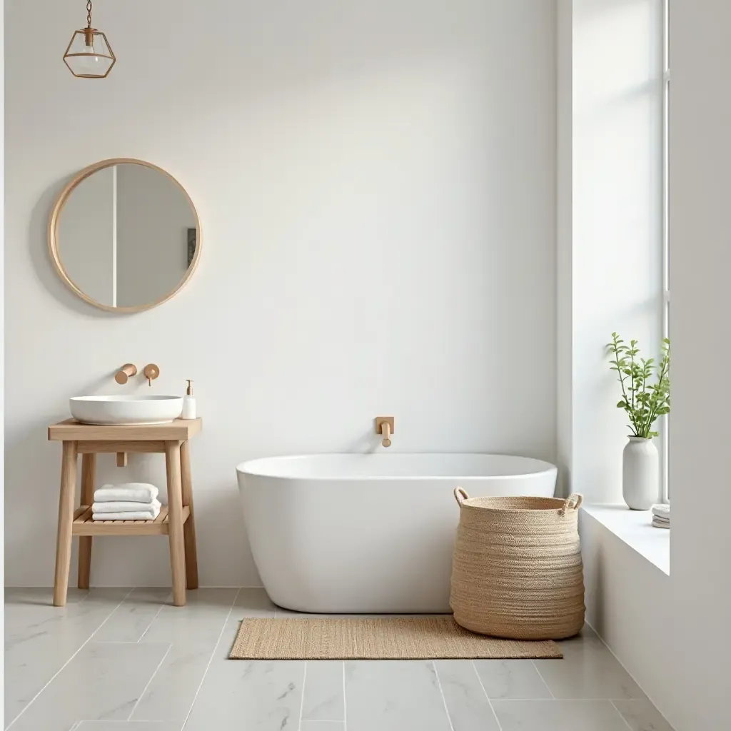 a photo of a bathroom featuring a modern laundry basket