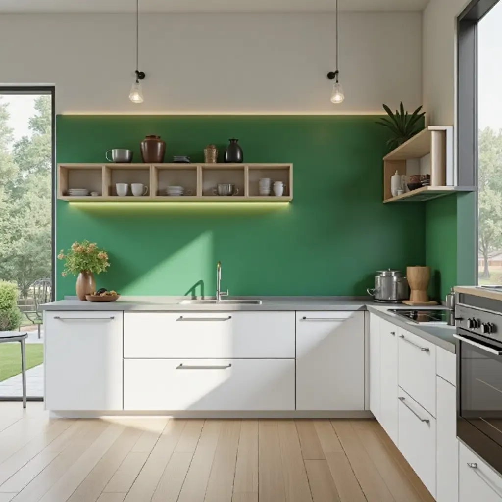 a photo of a kitchen with a modern green accent wall