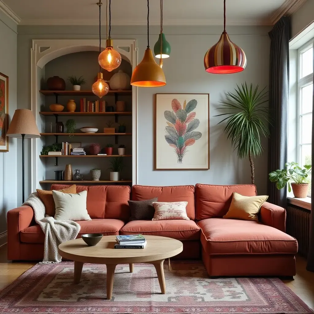 a photo of a bohemian living room adorned with colorful pendant lights and eclectic decor