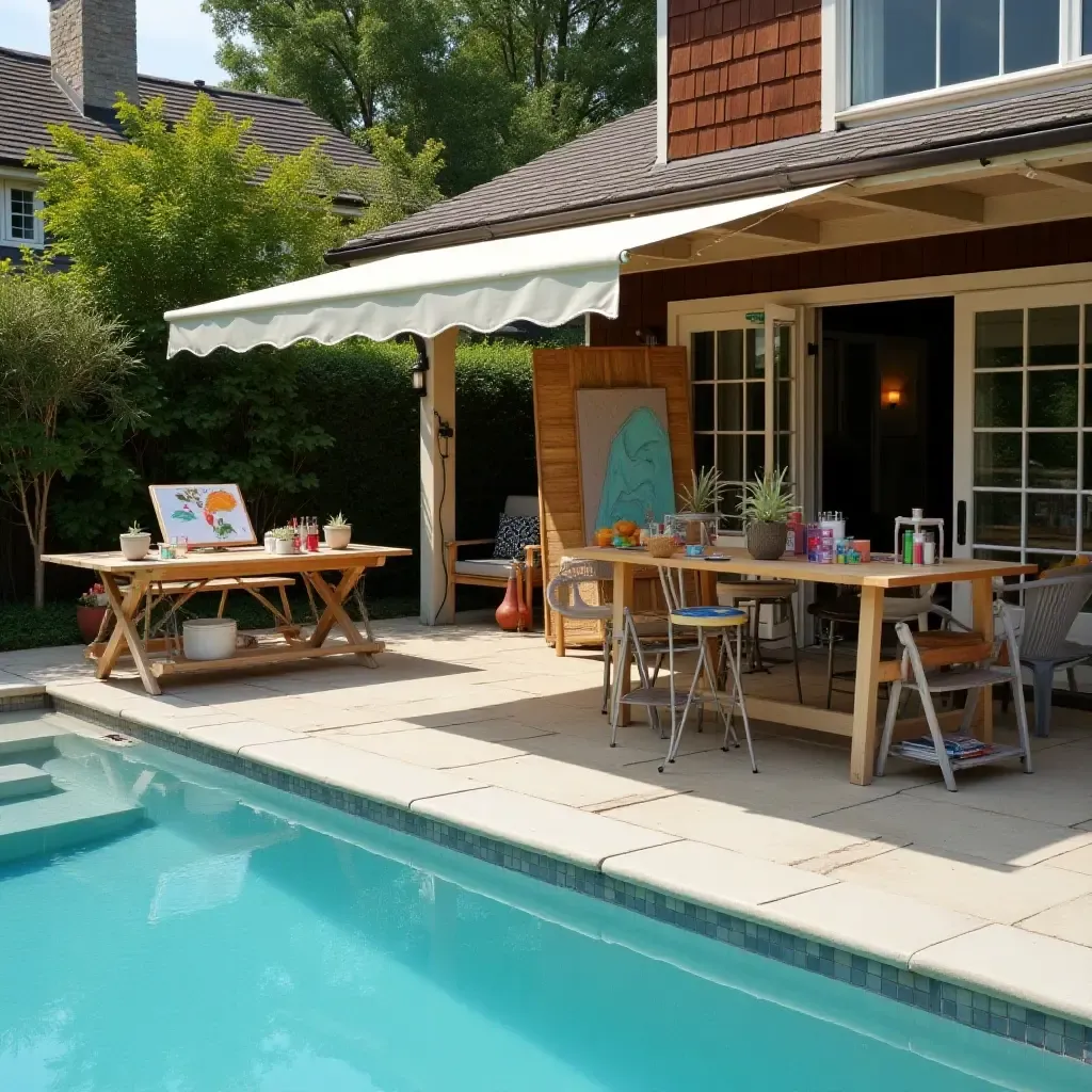 a photo of a poolside craft area with art supplies and tables