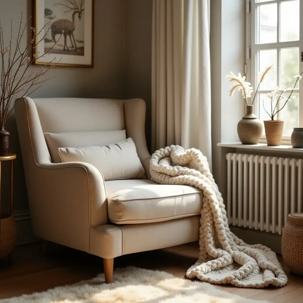 a photo of a cozy corner with a soft armchair and a warm throw