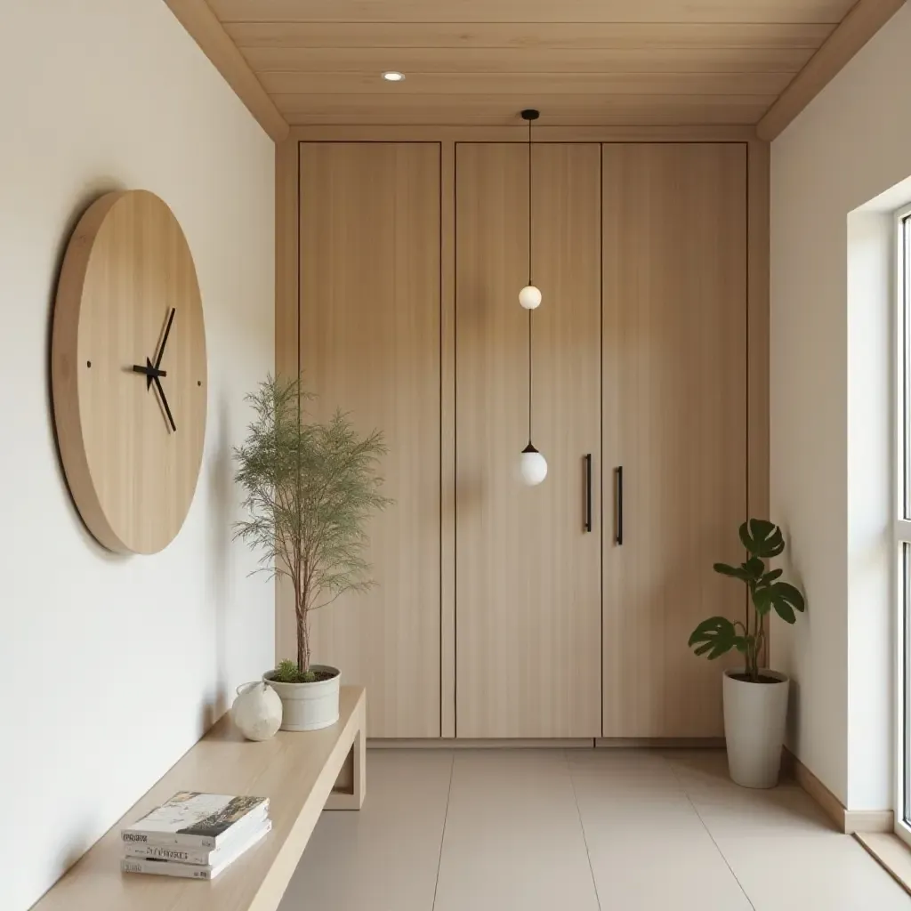 a photo of a wooden wall clock adding warmth to the hall