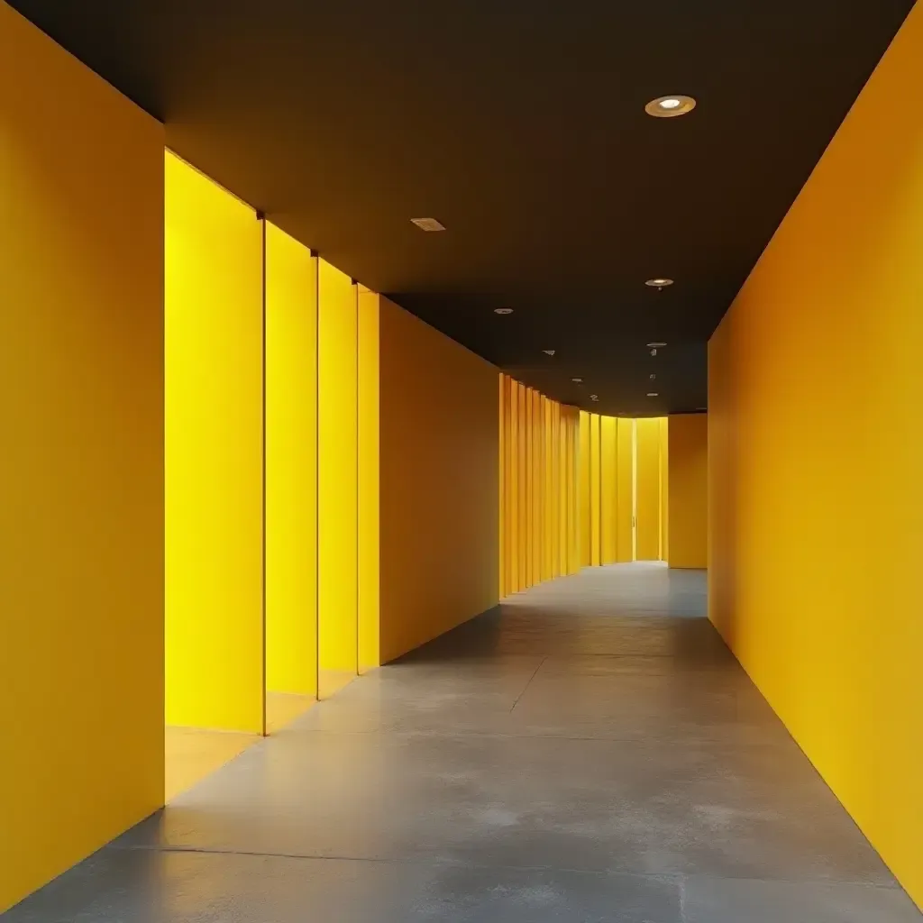 a photo of a sunny yellow and charcoal grey corridor