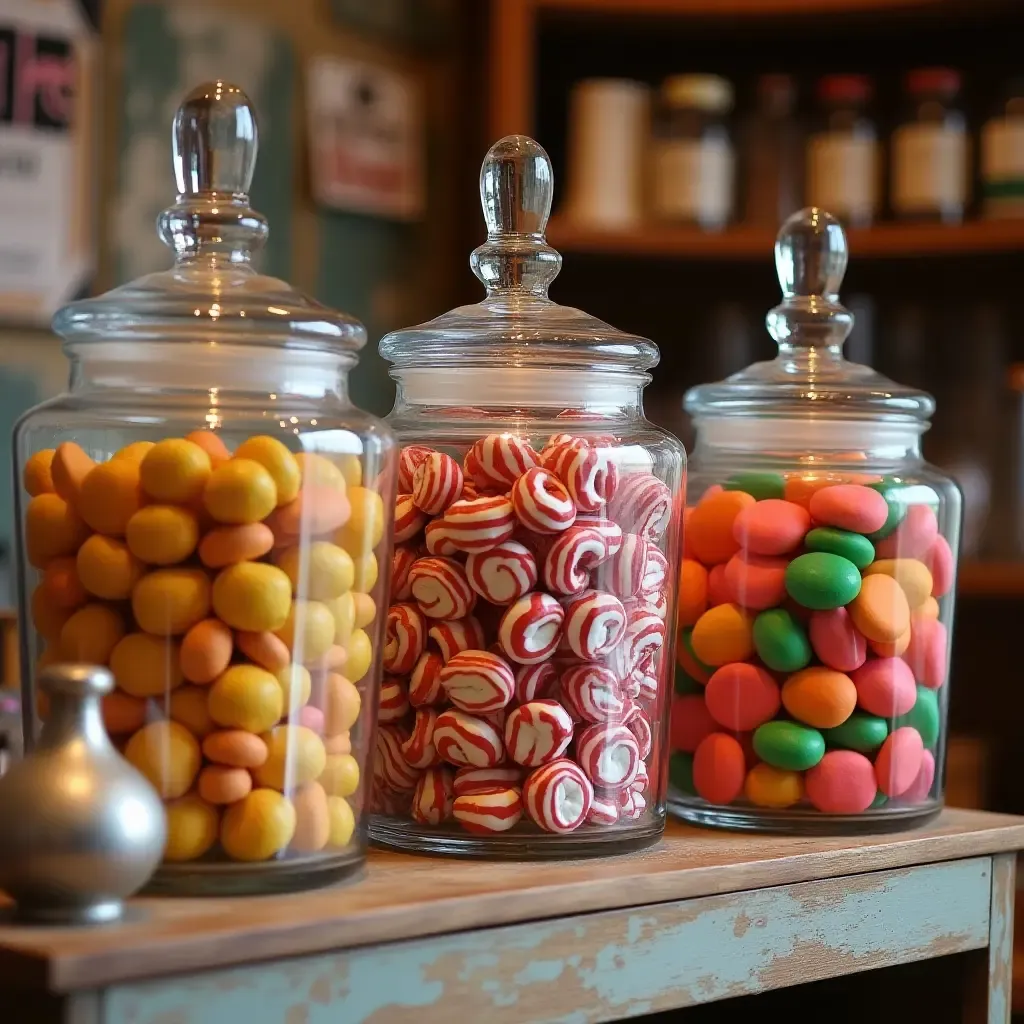 a photo of a nostalgic candy station with retro sweets in jars