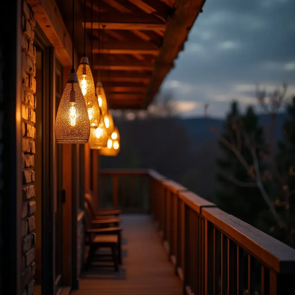 a photo of a cozy balcony adorned with elegant pendant lights